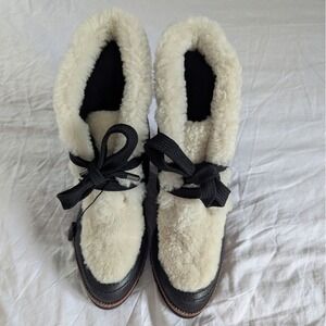 Fabianelli Italy Black Leather Shearling Trim Wedge Ankle Boots Ribbon Lace-Up